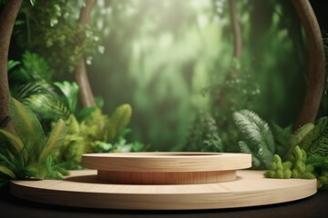 Wooden product podium on green nature background ai generate