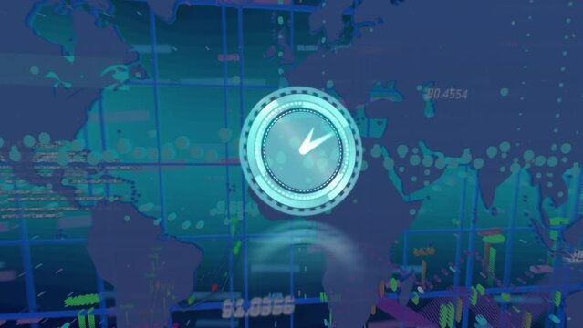 Animation of neon ticking clock over financial data processing against world map on blue background