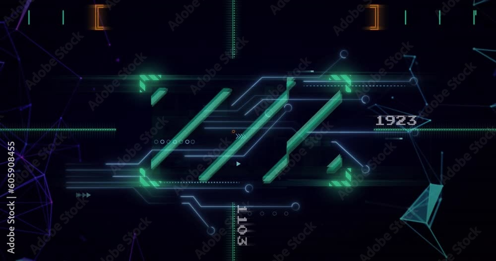 Poster animation of lines over circuit board pattern and changing numbers with connected dots