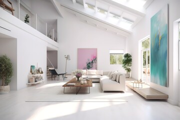 White minimalist living room interior with sofa on a wooden floor, decor on a large wall, white landscape in window. Home Nordic interior | Scandinavian interior poster mock up,Generative AI - obrazy, fototapety, plakaty