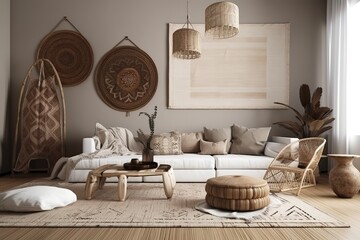 White minimalist living room interior with sofa on a wooden floor, decor on a large wall, white landscape in window. Home Nordic interior | Scandinavian interior poster mock up,Generative AI