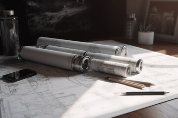 paper blueprints in rolls isolated illustration. Generative AI