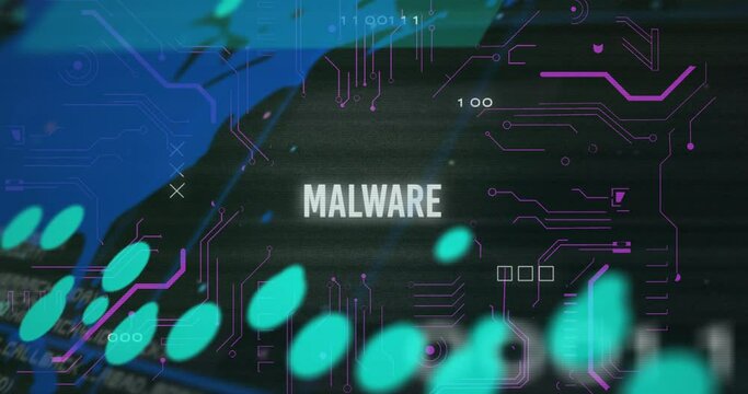 Animation of malware text over graphs, binary codes and map against black background