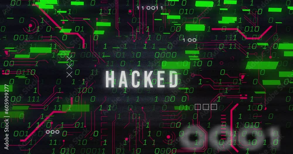 Poster animation of hacked text over binary codes and bars with circuit board pattern on black background