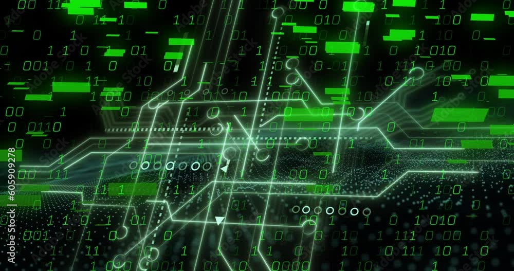 Poster animation of circuit board pattern over arrows, bars and binary codes against black background