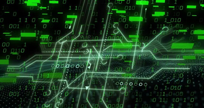 Animation of circuit board pattern over arrows, bars and binary codes against black background