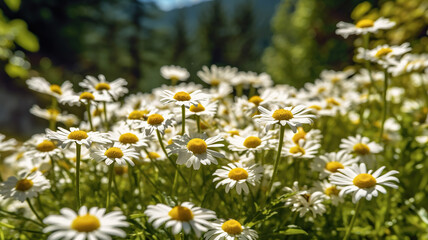 Fototapeta premium Green grass and chamomiles in the nature. Generative Ai