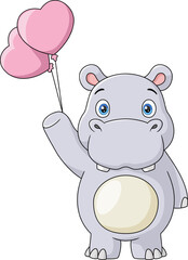 Cute hippo cartoon holding a heart of balloon