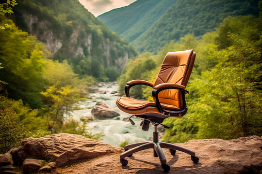 Office chair facing a beautiful natural landscape, suggesting a balance between work and relaxation. Generative AI