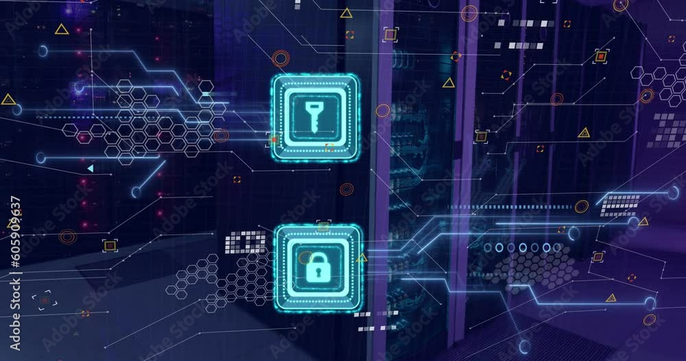 Poster animation of padlock and key over circuit board pattern over server rack in server room