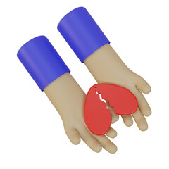 3d render illustration of a hand icon carrying a cracked or broken heart. broken heart concept