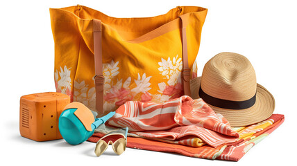 Beach bag and towel with sunbathing accessories on white background. Generative Ai - obrazy, fototapety, plakaty