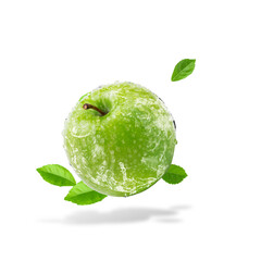 Water splashing on Fresh green apples with leaves on transparent background.