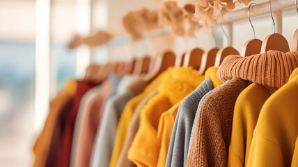 Hanger stand with autumn warm clothes. Generative Ai