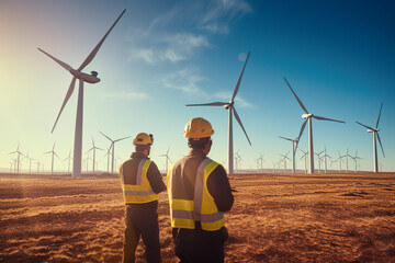Two engineers work on a huge wind turbine farm, the epitome of alternative energy. Generative AI - obrazy, fototapety, plakaty