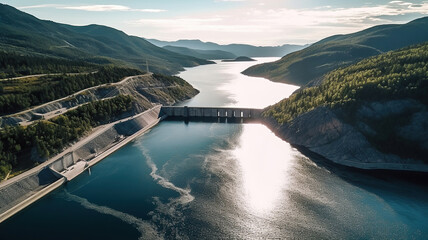 Obraz na płótnie Canvas Aerial panoramic view of Hydroelectric Dam on river. Generative Ai