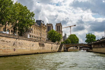 Boat trip on the Seine around the Ile de la Cité with Notre-Dame, in Paris, France
