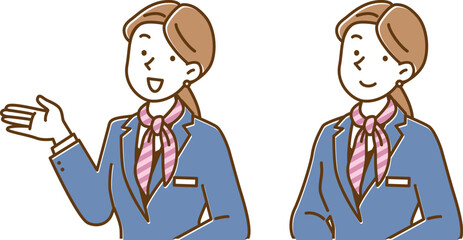 案内するスカーフを巻いたコンシェルジュの女性　イラストセット