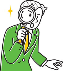 虫眼鏡を覗いて何かを調べているスーツ姿の男性