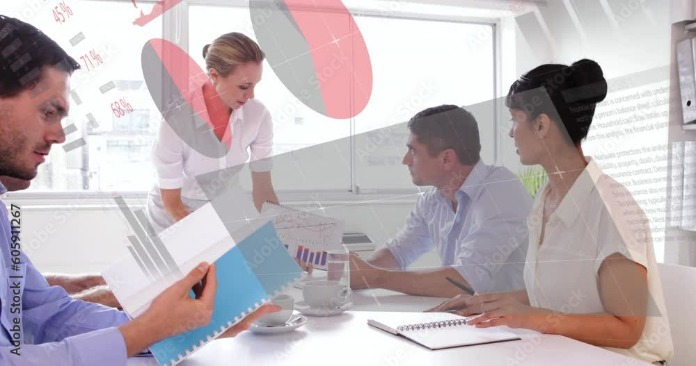 Poster animation of infographic interface over diverse manager and coworkers discussing reports in office