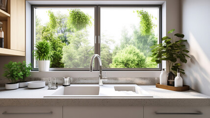 Beautiful white sink near window in modern kitchen. Generative Ai