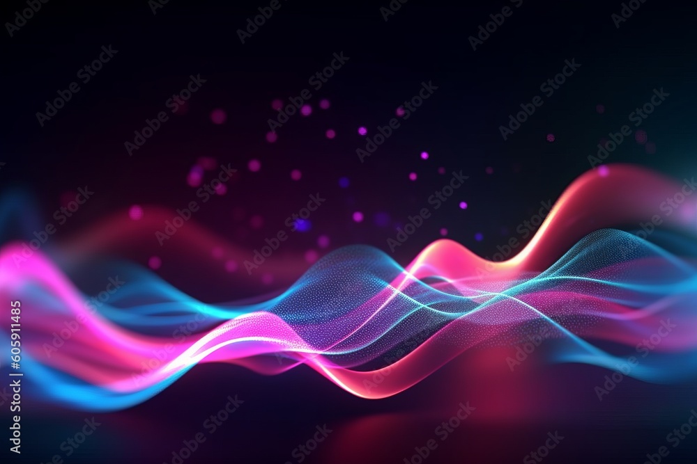 Poster experience the futuristic data transfer concept with glowing neon wave lines and bokeh lights in thi