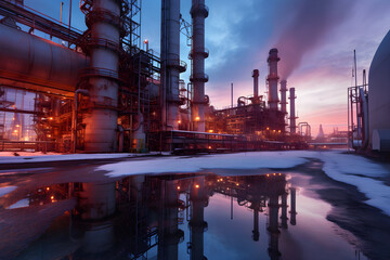 Oil and gas refinery towers sunset water sky clouds reflection