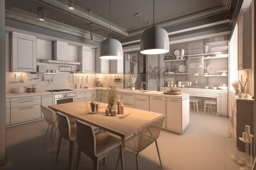 interior kitchen living room 3d illustration. Generative AI