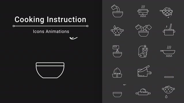 Cooking lesson white icons animation. Animated line recipe book. Culinary class. Guide cooking. Loop HD video with chroma key, alpha channel, transparent background. Outline motion graphic animation