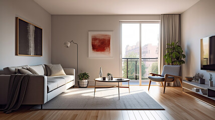 Fototapeta na wymiar Empty living room with hardwood floor in modern apartment. Generative Ai