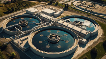 Fototapeta premium Aerial view of wastewater treatment plant, filtration of dirty or sewage water. Generative Ai