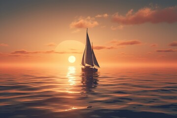 lone sailboat sailing on a tranquil sea at sunset. Generative AI