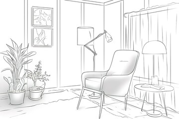 Continuous line interior with armchair plant floor. Generative AI