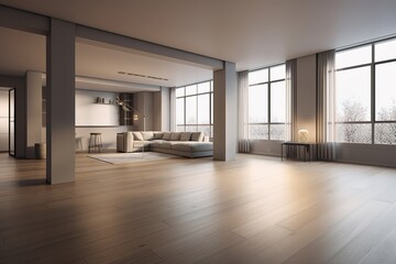 Empty living room with hardwood floor . Generative AI