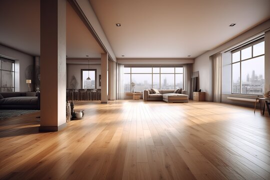 Empty living room with hardwood floor. Generative AI
