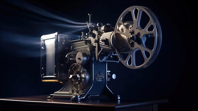 Movie projector on a dark background with light beam. Generative Ai