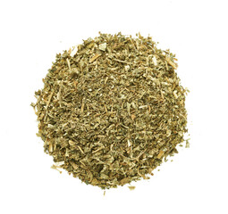 top view flat lay overhead dry catnip Nepeta cataria isolated on white background. pile of dry...