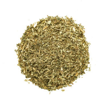 top view flat lay overhead dry catnip Nepeta cataria isolated on white background. pile of dry catnip Nepeta cataria isolated. heap of dry catnip Nepeta cataria isolated                              