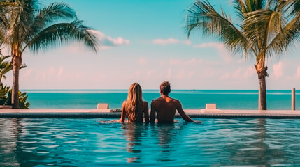 Fototapeta na wymiar Couple enjoying beach vacation holidays at tropical resort with swimming pool and coconut palm trees near the coast with beautiful landscape. Generative AI