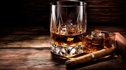 Whiskey and cigar on wooden background. Generative Ai