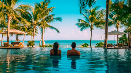 Couple enjoying beach vacation holidays at tropical resort with swimming pool and coconut palm trees near the coast with beautiful landscape. Generative AI - obrazy, fototapety, plakaty