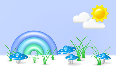 Fototapeta na wymiar 3D landscape with grass and blue mushrooms. Vector grass, blue mushrooms on the lawn, sun, clouds and rainbow