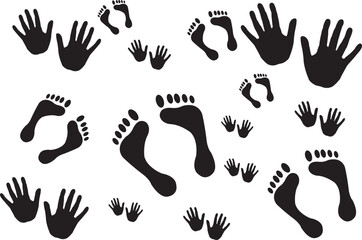 Human hand and foot prints, stylized handprint and footprint trace. Black and white icon, vector illustration.