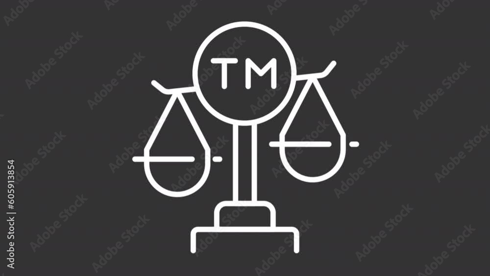 Poster intellectual property icon animation. animated white line balancing scale with trademark sign. loop 
