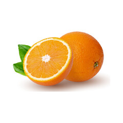 fresh orange fruit isolated on alpha background. One orange fruit with leaves cut out