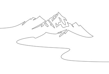 Mountains landscape view. Continuous one line drawing. Stock illustration.