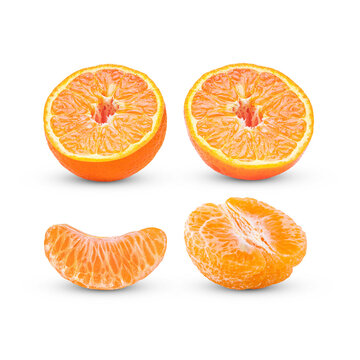 Orange and Mandarin citrus fruit isolated on white or transparent background. Two different oranges fruits cut in half and slices