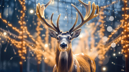 deer standing under a christmas tree with a lot of lights. Generative Ai