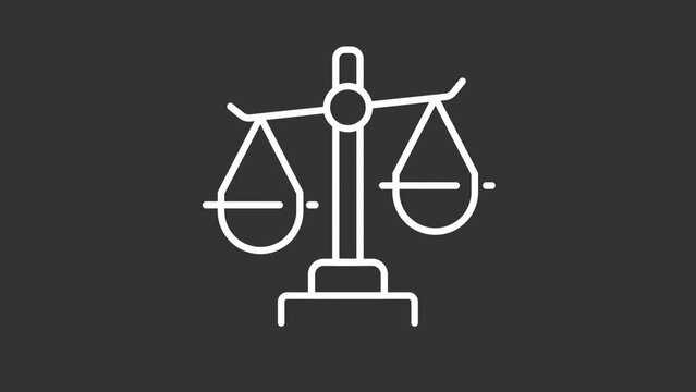 Balance scale white icon animation. Animated line measuring instrument. Justice system. Law firm. Loop HD video with chroma key, alpha channel, transparent background. Outline motion graphic animation