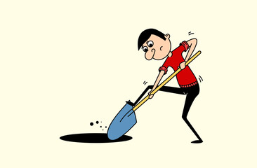 A hard-working man diligently digs a hole with his sleeves rolled up. Flat vector illustration with outline.